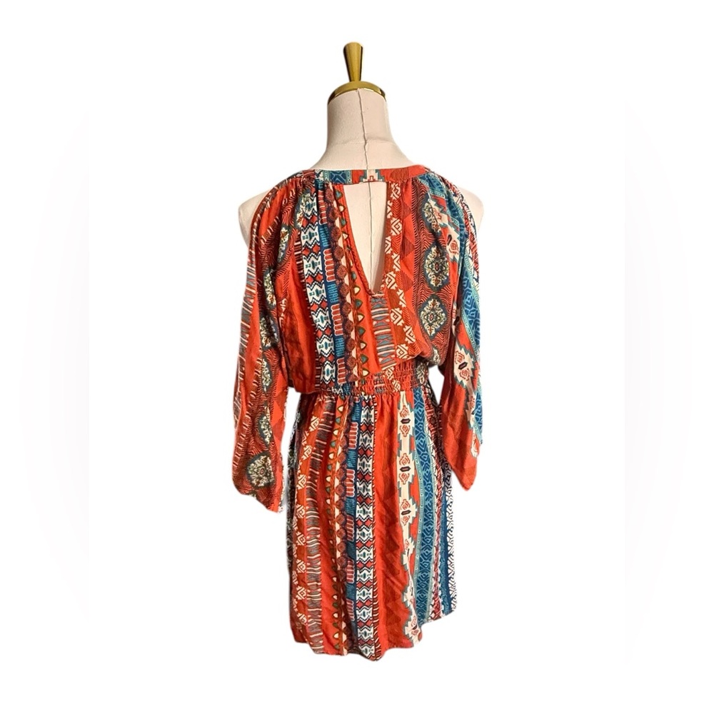 Hot & Delicious Rust & Teal Bohemian Midi Aztec Cold Shoulder Dress Size S - Picture 4 of 7